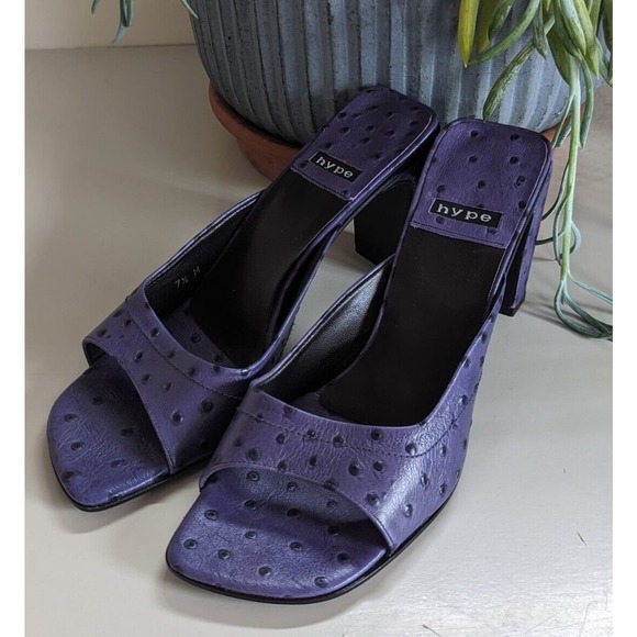 Vintage Y2K 1990s Hype Purple Ostrich Square Toed Kitten Heels 7.5 - Picture 1 of 6
